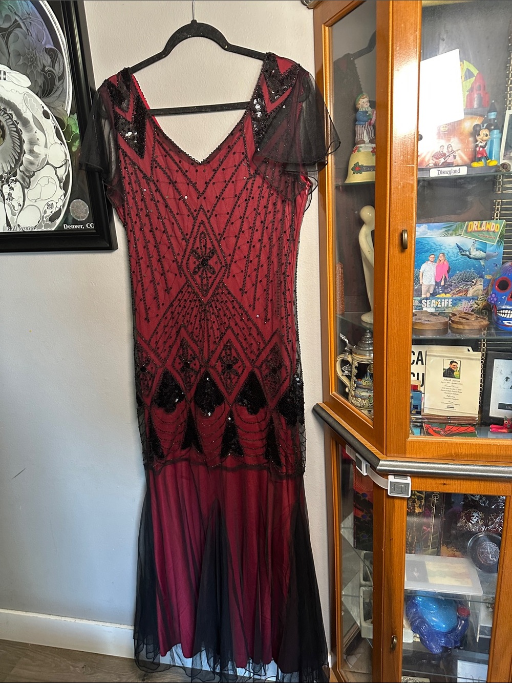 Art Deco Beaded Burgundy & Black Evening Gown